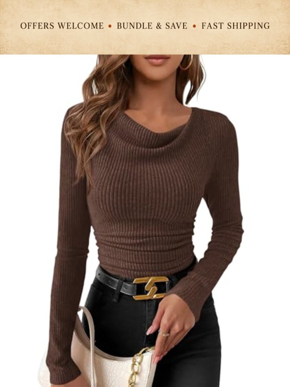 Women's Cowl Neck Ribbed Knit Ruched Crop Long Sleeve Top